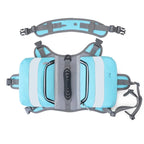 Light blue and gray backpack with straps on a white background