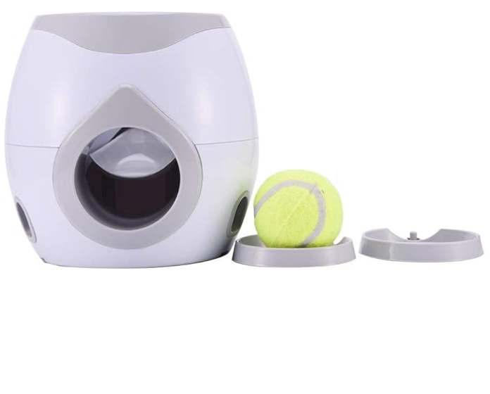 White pet toy with a tennis ball on a white background