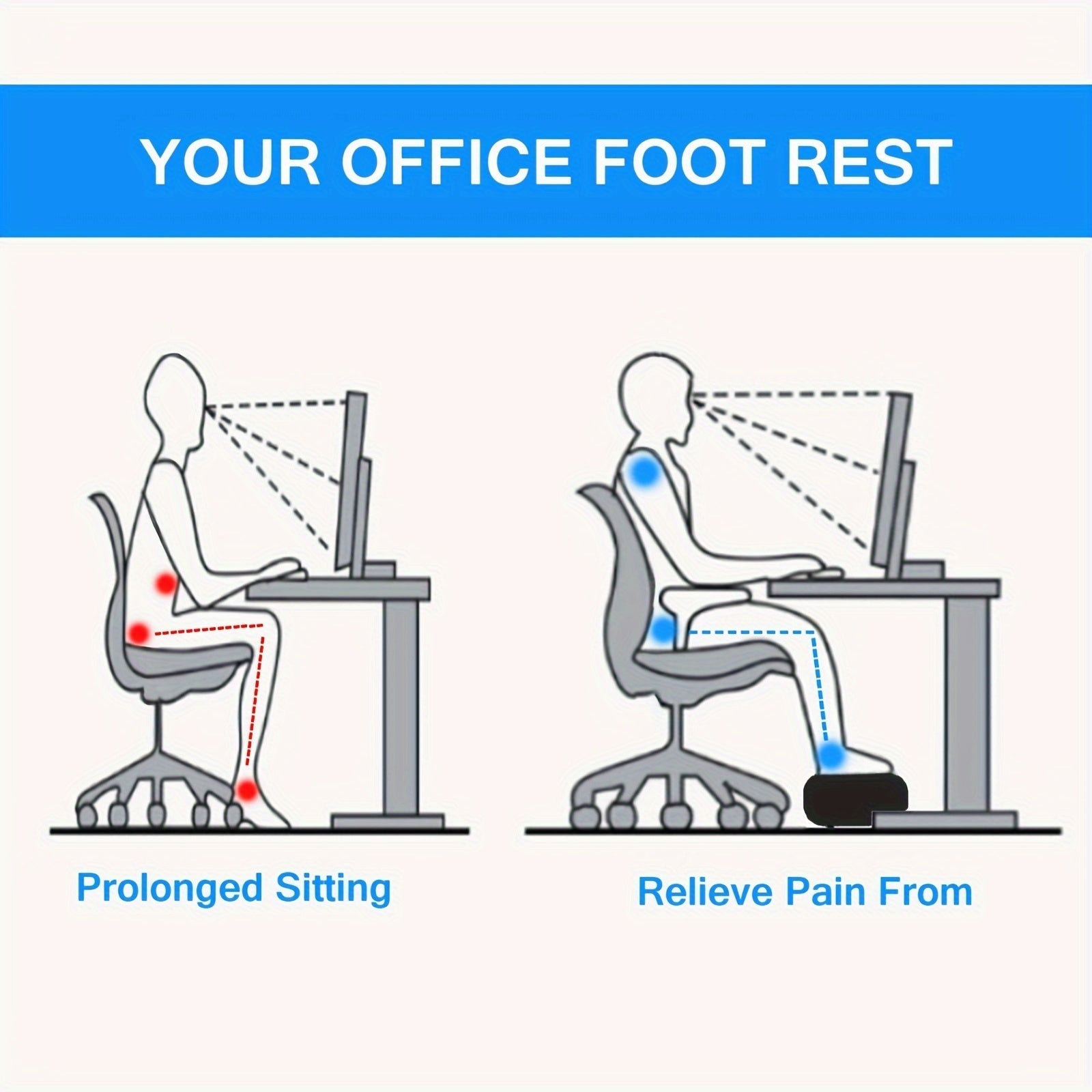 Illustration of office foot rest to relieve pain from prolonged sitting.