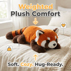 Plush red panda toy on a bed with text 'Weighted Plush Comfort' and 'Soft. Cozy. Hug-Ready.'