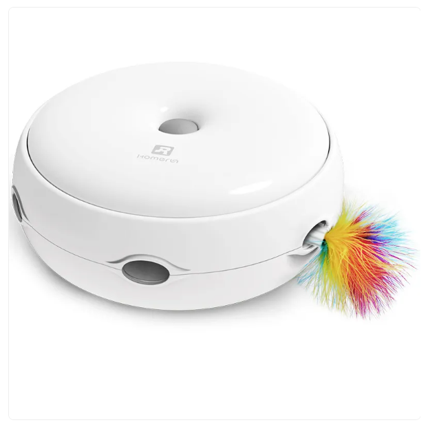 White electronic device with a colorful feather attachment on a white background