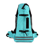 Turquoise backpack with black straps on a white background