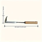 Measurement chart of a tool with a wooden handle on a white background