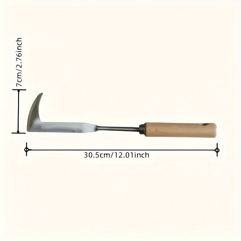 Measurement chart of a tool with a wooden handle on a white background