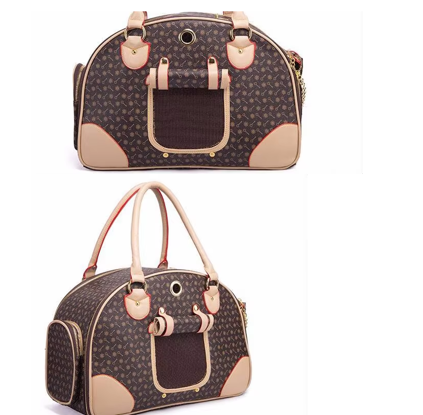 Two brown and beige patterned handbags on a white background