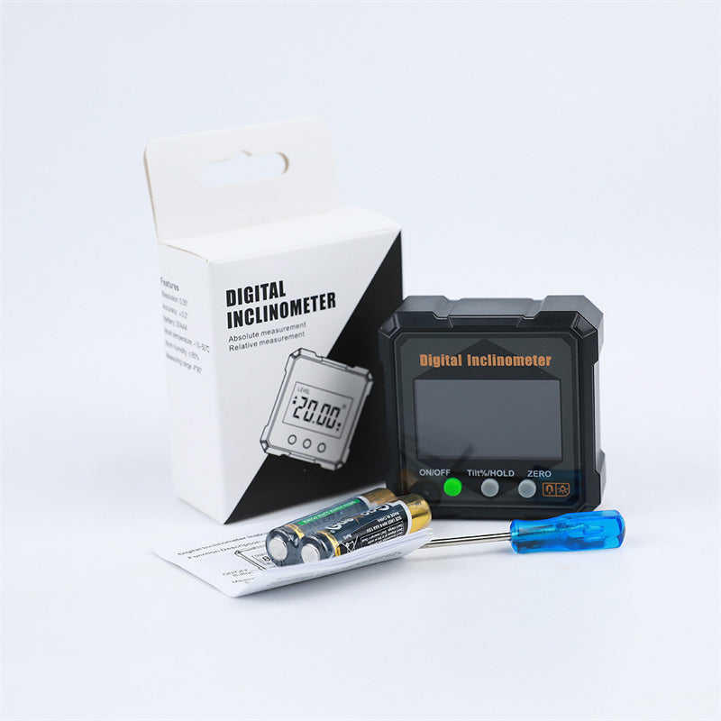 Digital inclinometer with packaging, batteries, and screwdriver on a white background