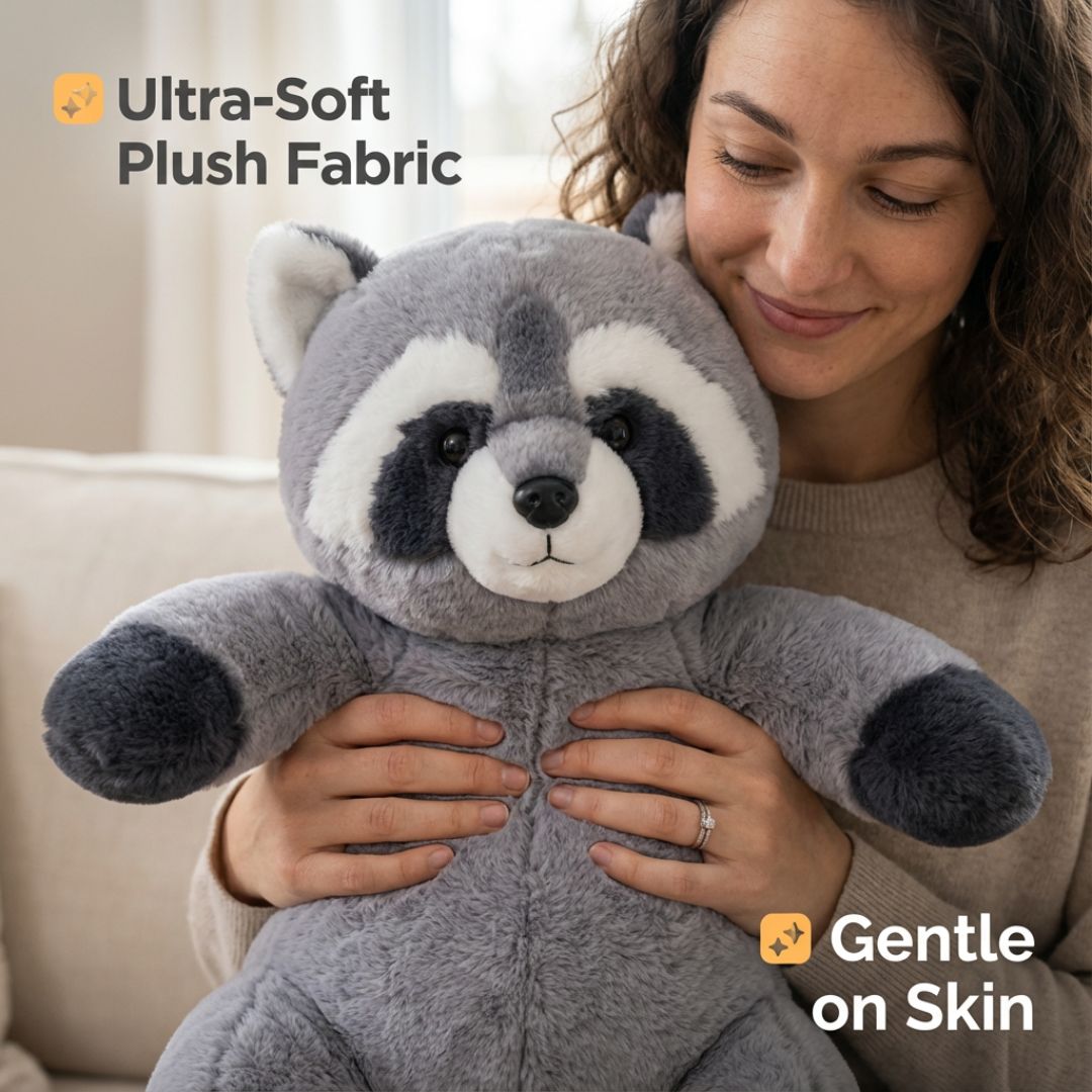 Woman holding a plush raccoon toy with text about ultra-soft fabric and gentle on skin.