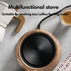 Multifunctional stove with wooden exterior and black interior, suitable for making tea, coffee, or boiling water.