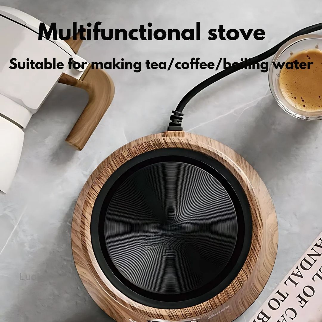 Multifunctional stove with wooden exterior and black interior, suitable for making tea, coffee, or boiling water.