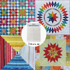 Colorful quilt with various patterns and a 5-in-1 quilt ruler overlay.