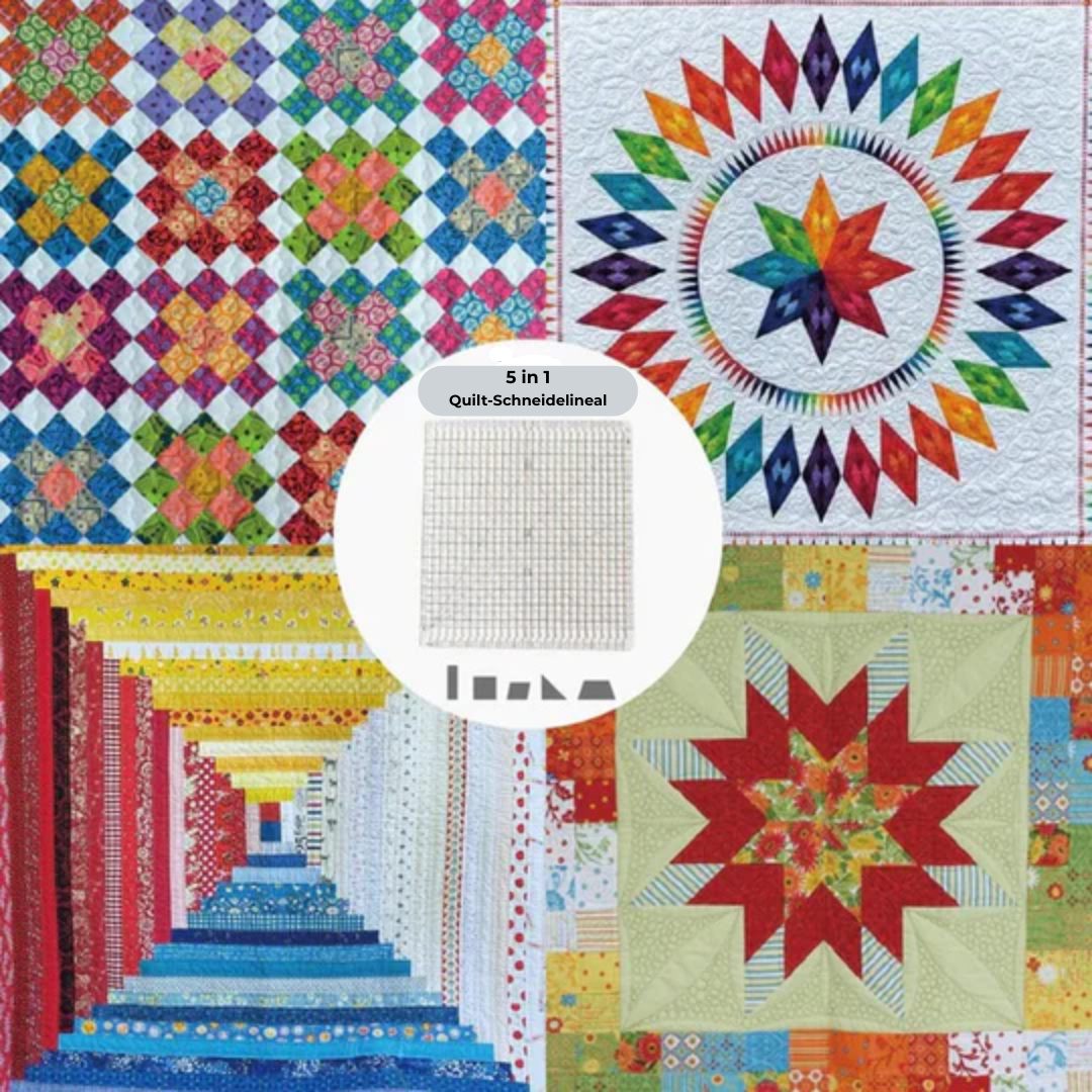 Colorful quilt with various patterns and a 5-in-1 quilt ruler overlay.