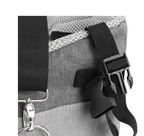 Close-up of a gray bag with black straps and buckles on a white background
