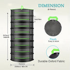 Black and green hanging plant organizer with dimensions and features on a beige background
