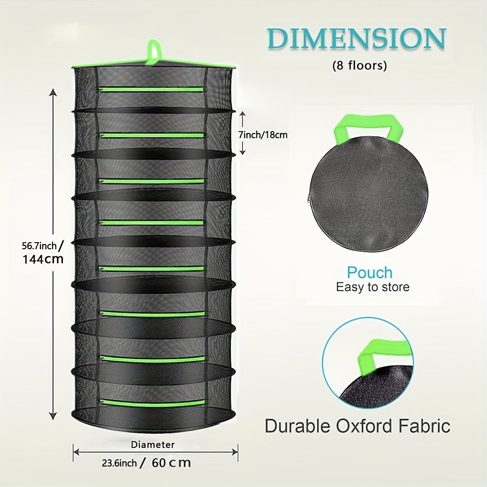 Black and green hanging plant organizer with dimensions and features on a beige background