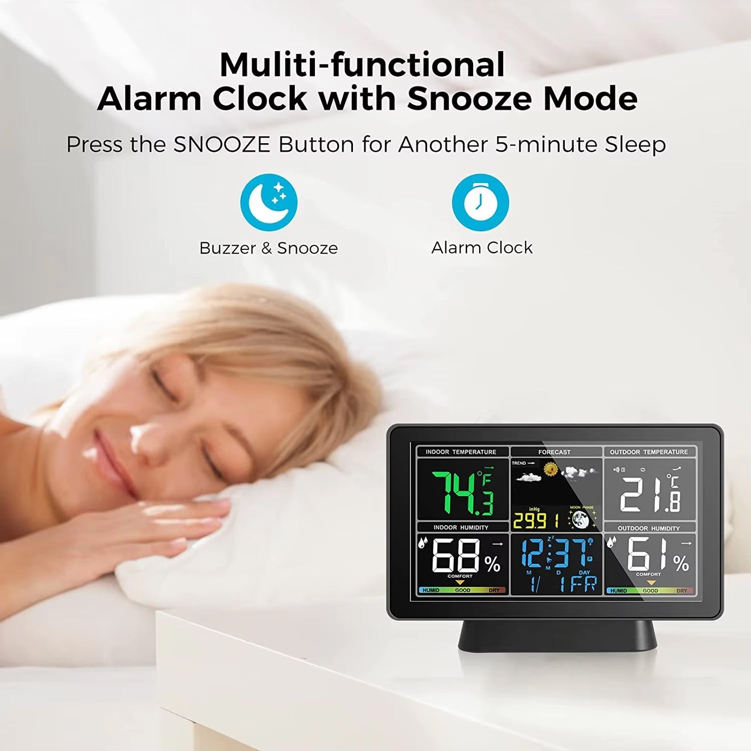 Multifunctional alarm clock with snooze mode on a white background