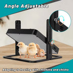Angle adjustable heating device for chickens on a wooden surface with text indicating adjustable angle and compatibility with chickens.