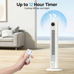 Tower air conditioner with remote control in a living room setting, highlighting 12-hour timer feature.