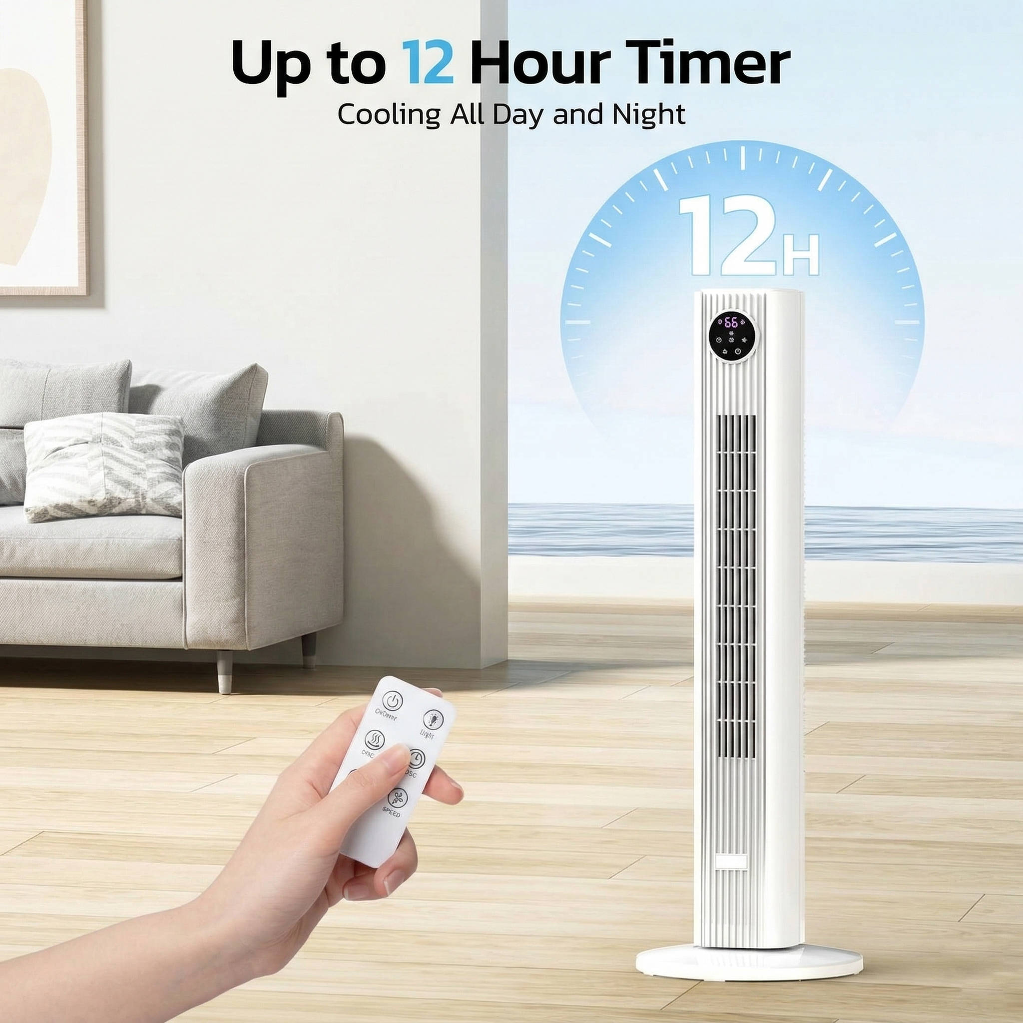 Tower air conditioner with remote control in a living room setting, highlighting 12-hour timer feature.