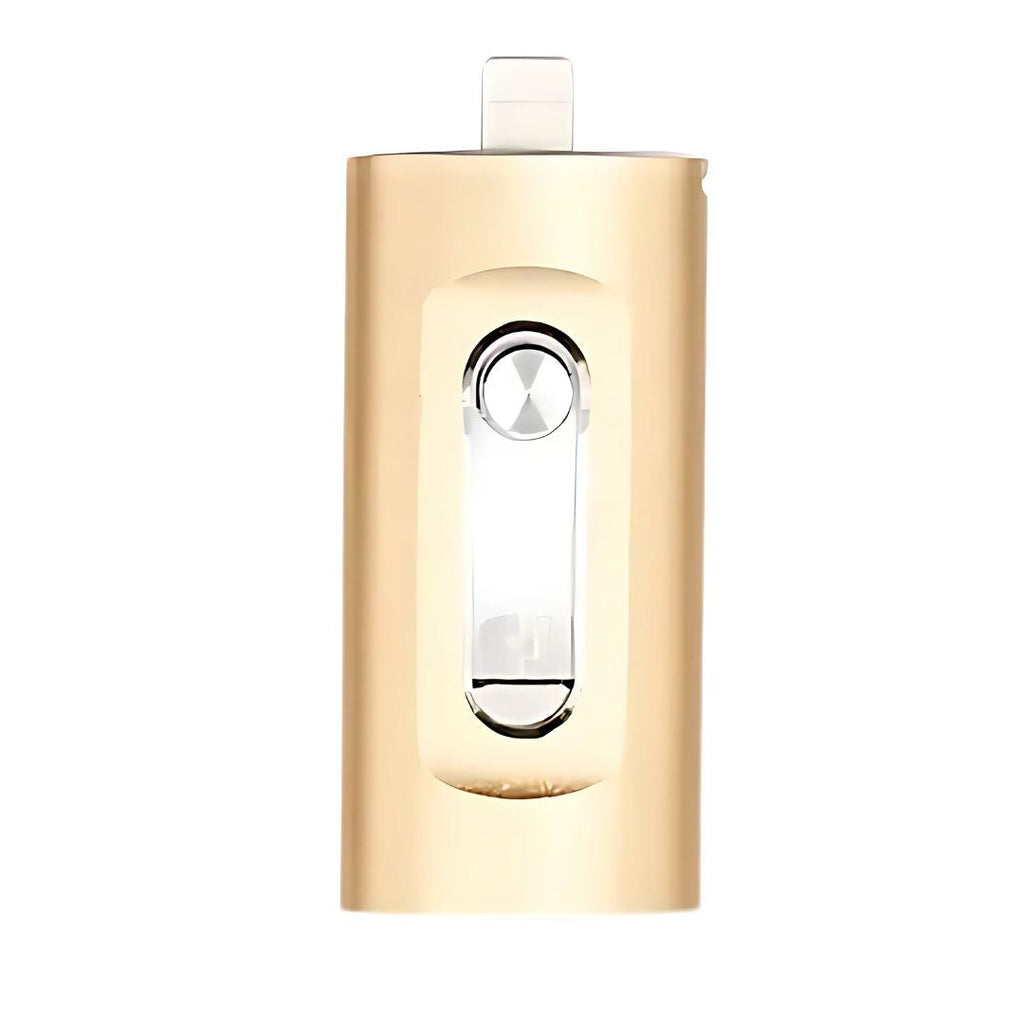 Gold cylindrical object with a reflective surface on a white background