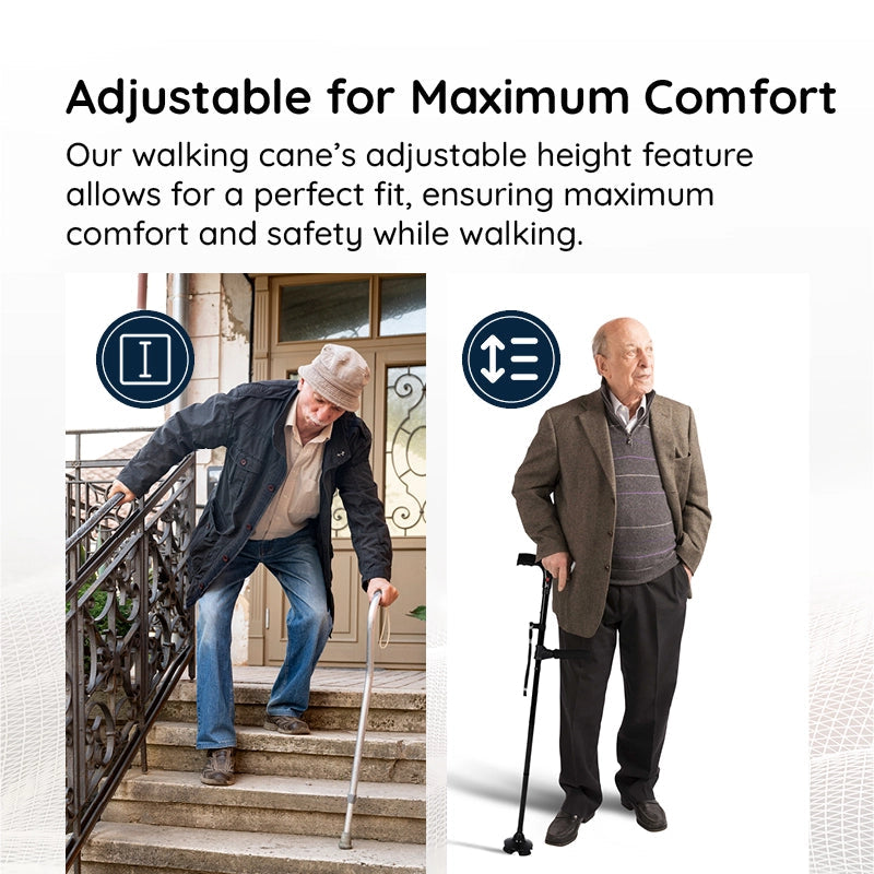 Two men using adjustable walking canes with text about comfort and safety.