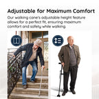 Two men using adjustable walking canes with text about comfort and safety.