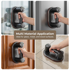 Handheld tool with suction cups being used on glass, metal, wood, and tile surfaces.