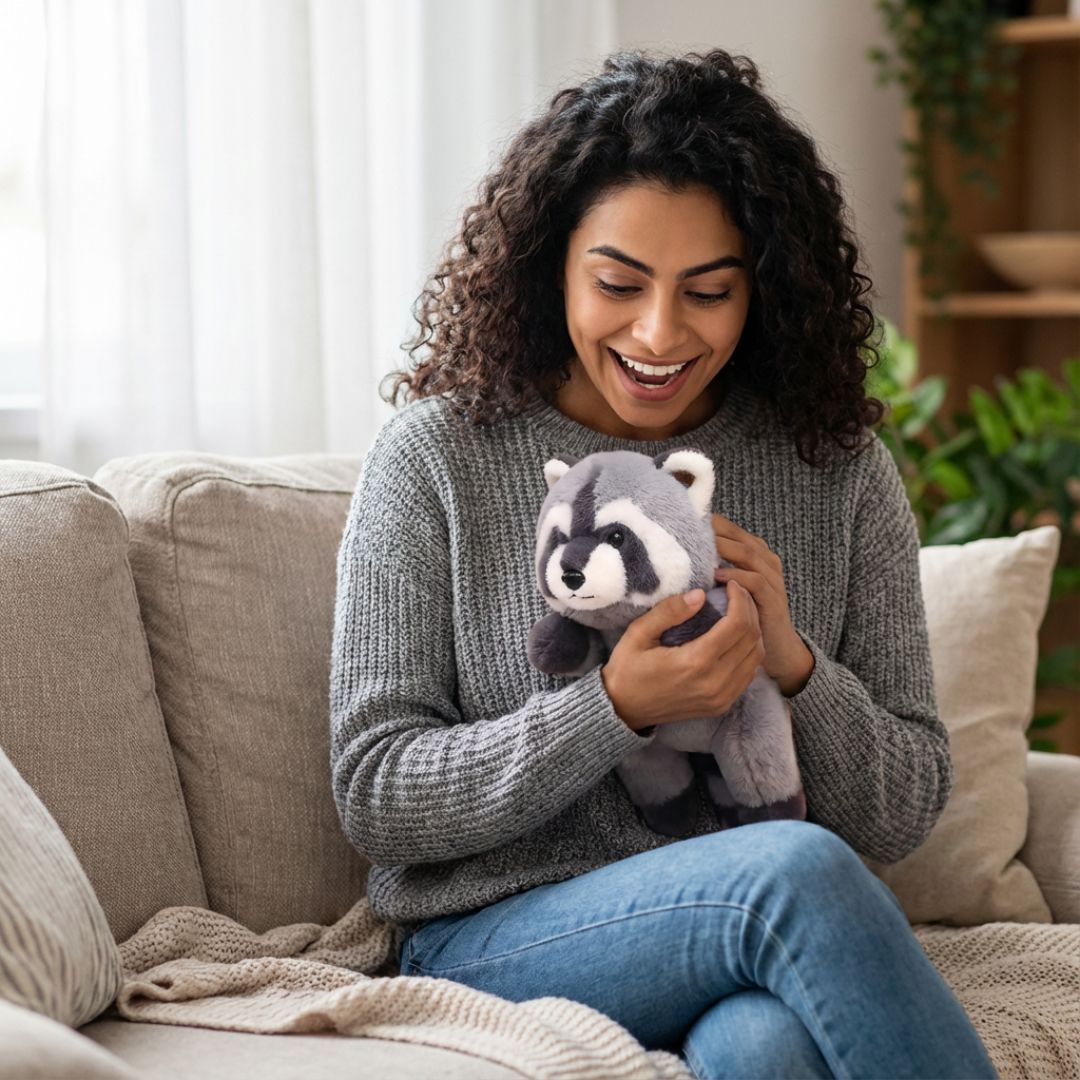 Woman holding a plush raccoon toy in a cozy living room.