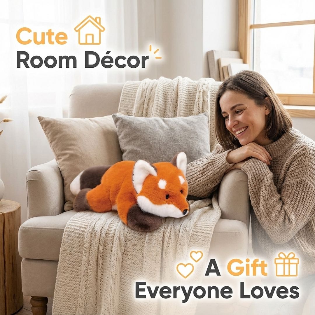 Woman sitting on a couch with a plush fox toy, surrounded by cozy decor elements.