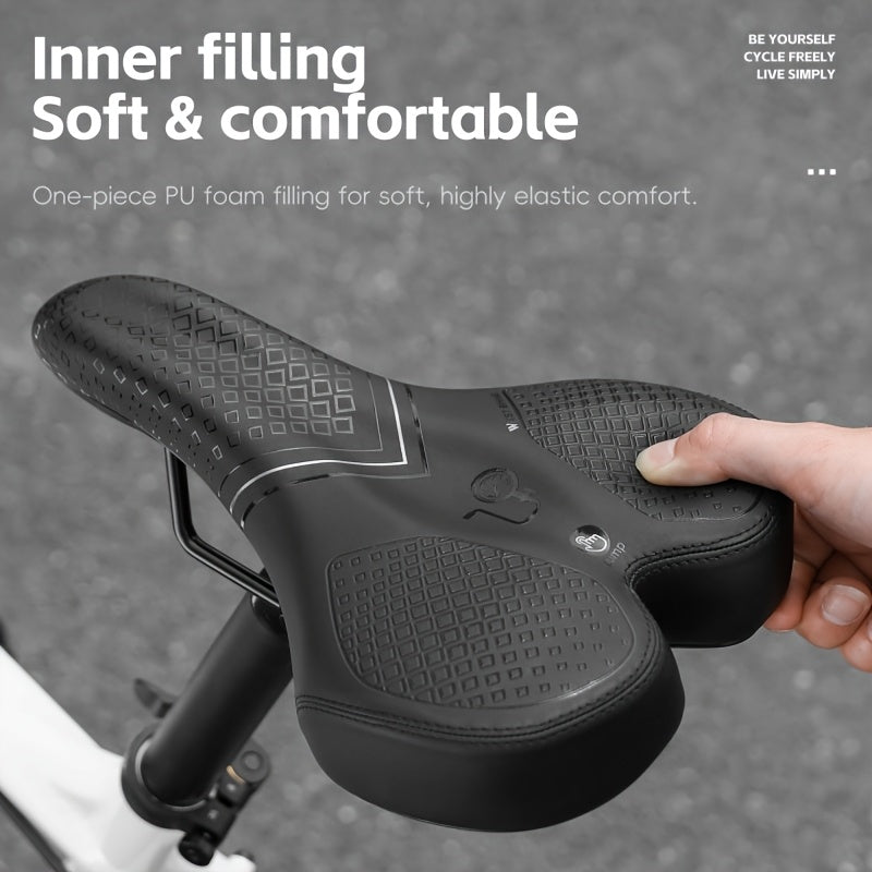 Black bicycle seat with a hand holding it, on a gray background with text about soft and comfortable inner filling.