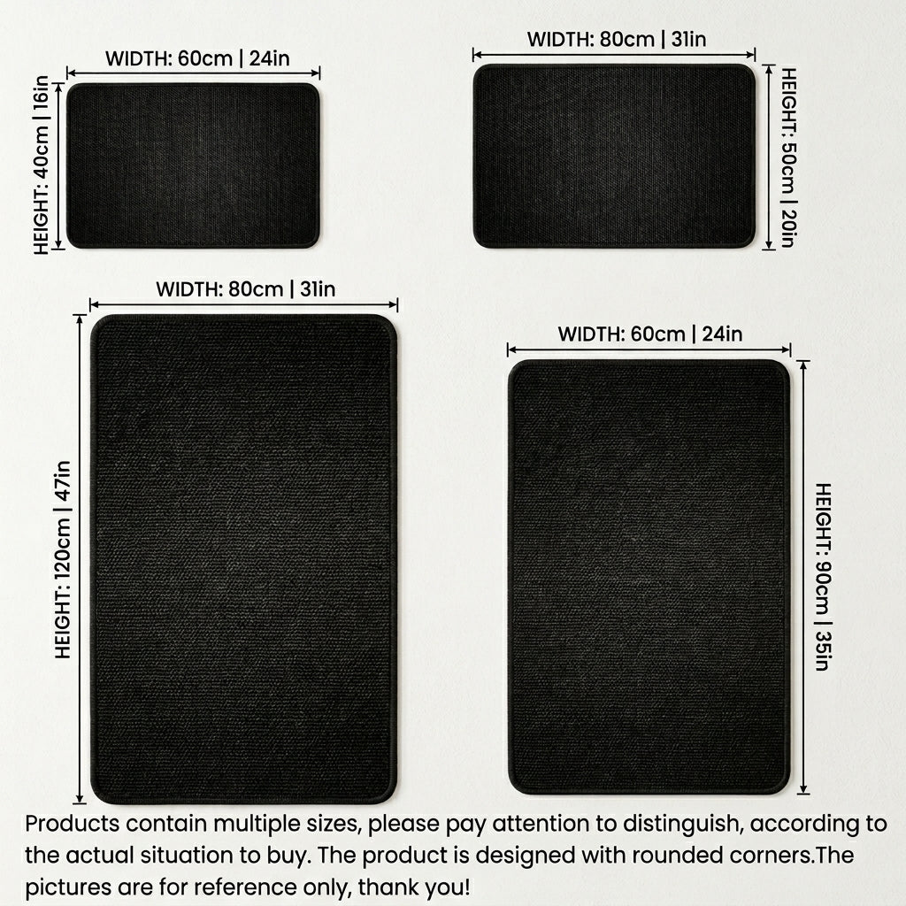 Black rectangular mats with measurements on a gray background