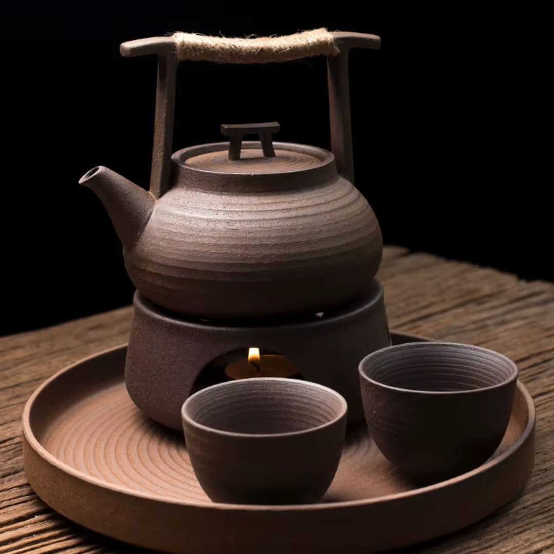 Ceramic teapot and cups on a wooden tray with a black background