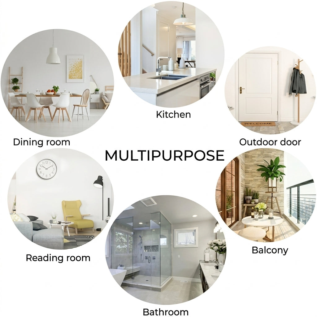Collage of different rooms labeled with their functions including dining room, kitchen, outdoor door, reading room, and bathroom.
