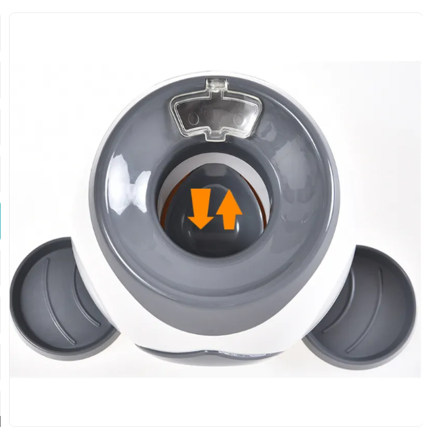 Gray and white pet bowl with a lid on a white background