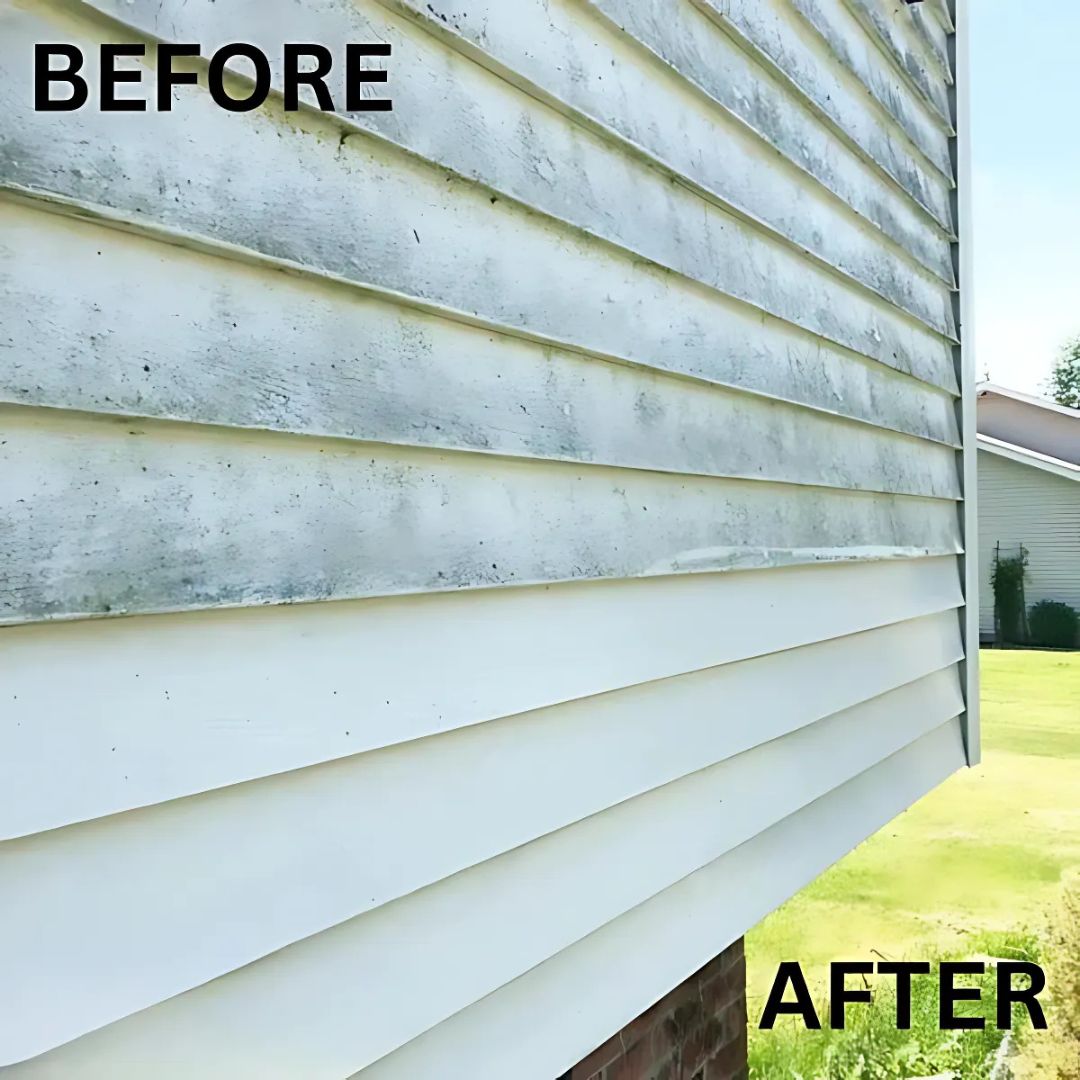 Comparison of a house exterior before and after cleaning, with 'Before' on the left and 'After' on the right.