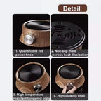Product details of a small stove with features highlighted.
