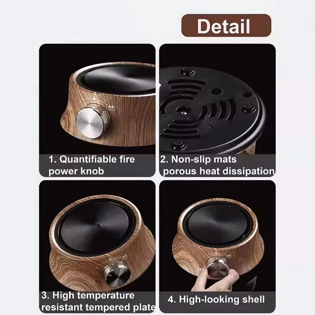 Product details of a small stove with features highlighted.