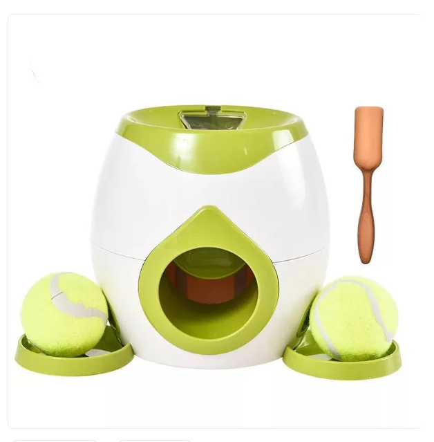 Pet toy with tennis balls and a brush on a white background