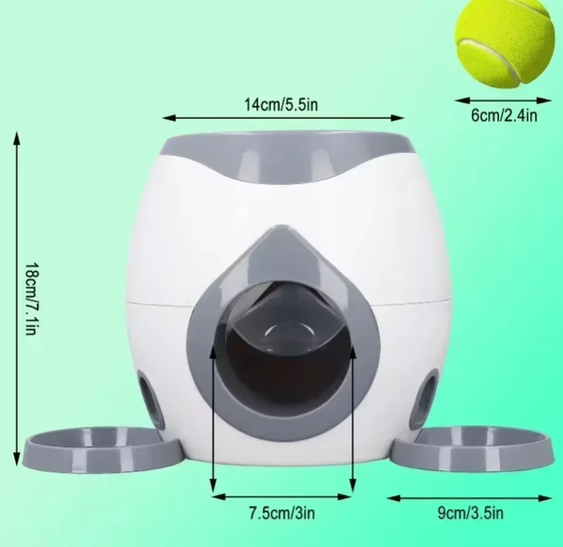 Pet toy with dimensions and a tennis ball on a green background
