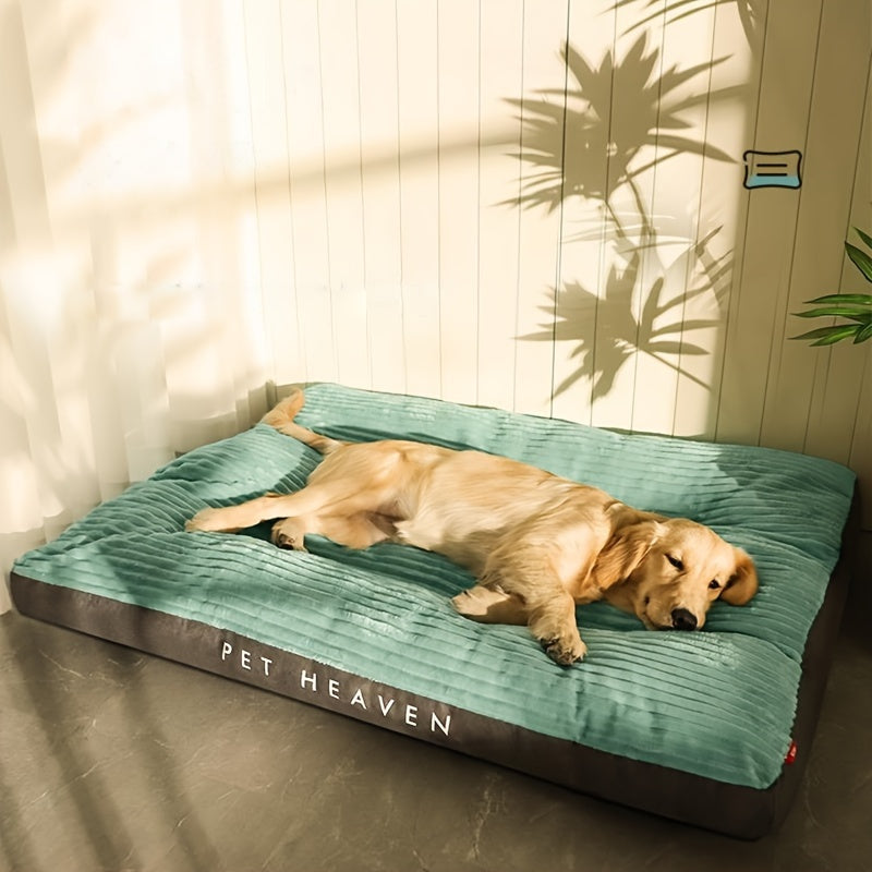 Dog lying on a 'Pet Heaven' branded pet bed in a room with sunlight filtering through curtains.