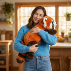 Woman holding a plush red panda in a cozy indoor setting
