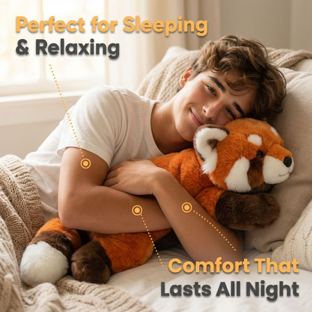 Person hugging a plush toy with text about comfort and relaxation.