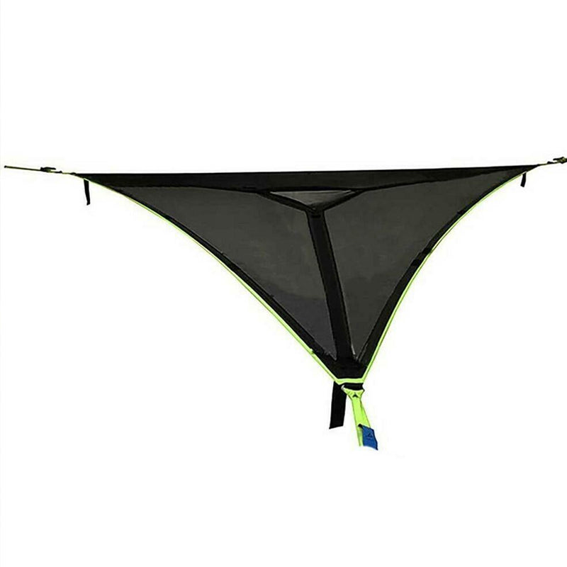 Black camping hammock with green accents on a white background