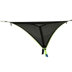 Black camping hammock with green accents on a white background