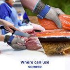 Person wearing Schwer gloves cutting meat with a knife on a table.