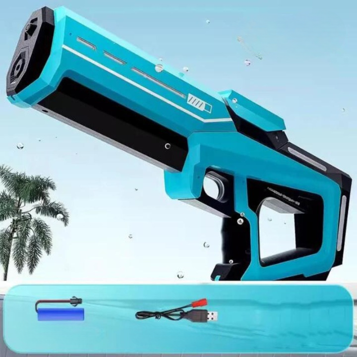 Turquoise handheld device with a palm tree and blue background