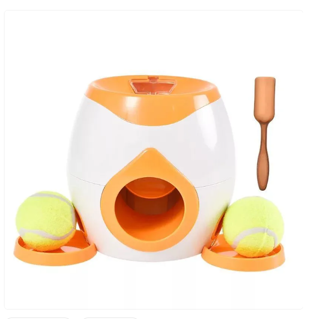 Pet toy with tennis balls and a wooden paddle on a white background