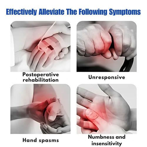 Illustrations of hands with symptoms such as postoperative rehabilitation, unresponsive, hand spasms, and numbness and insensitivity.