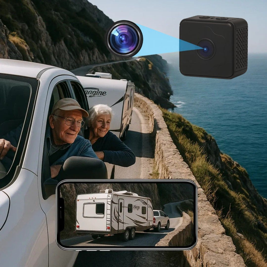 Two people in a car with a scenic view of a road and ocean, showing a camera and phone screen.