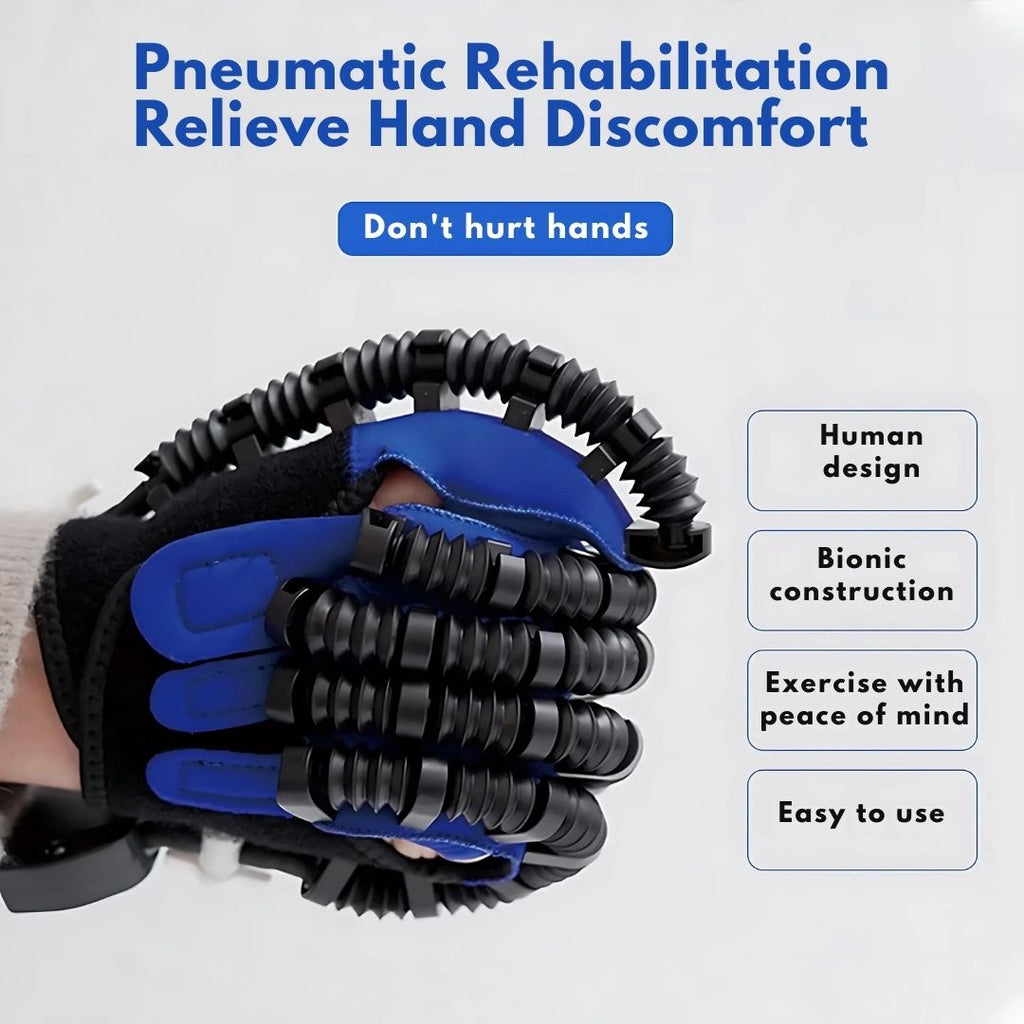 Pneumatic rehabilitation glove with text on a white background