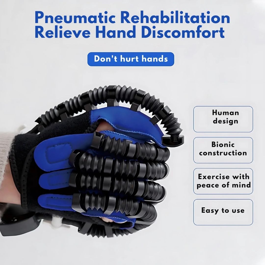 Pneumatic rehabilitation glove with text on a white background